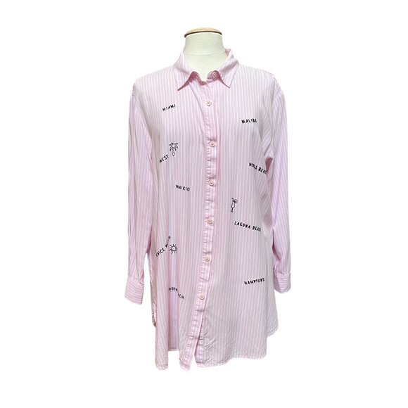 Pink White Stripe Jasmine & Ginger Long Sleeve Button Shirt Embroidered Beach‎ L - Picture 8 of 8